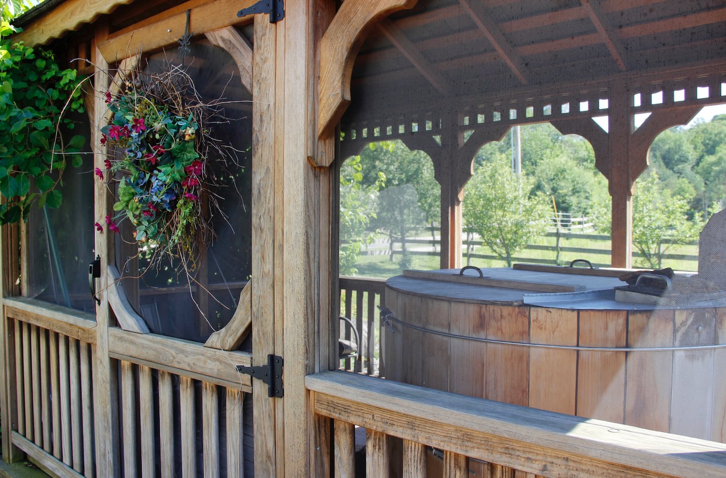 Redwood hot tub on the porch