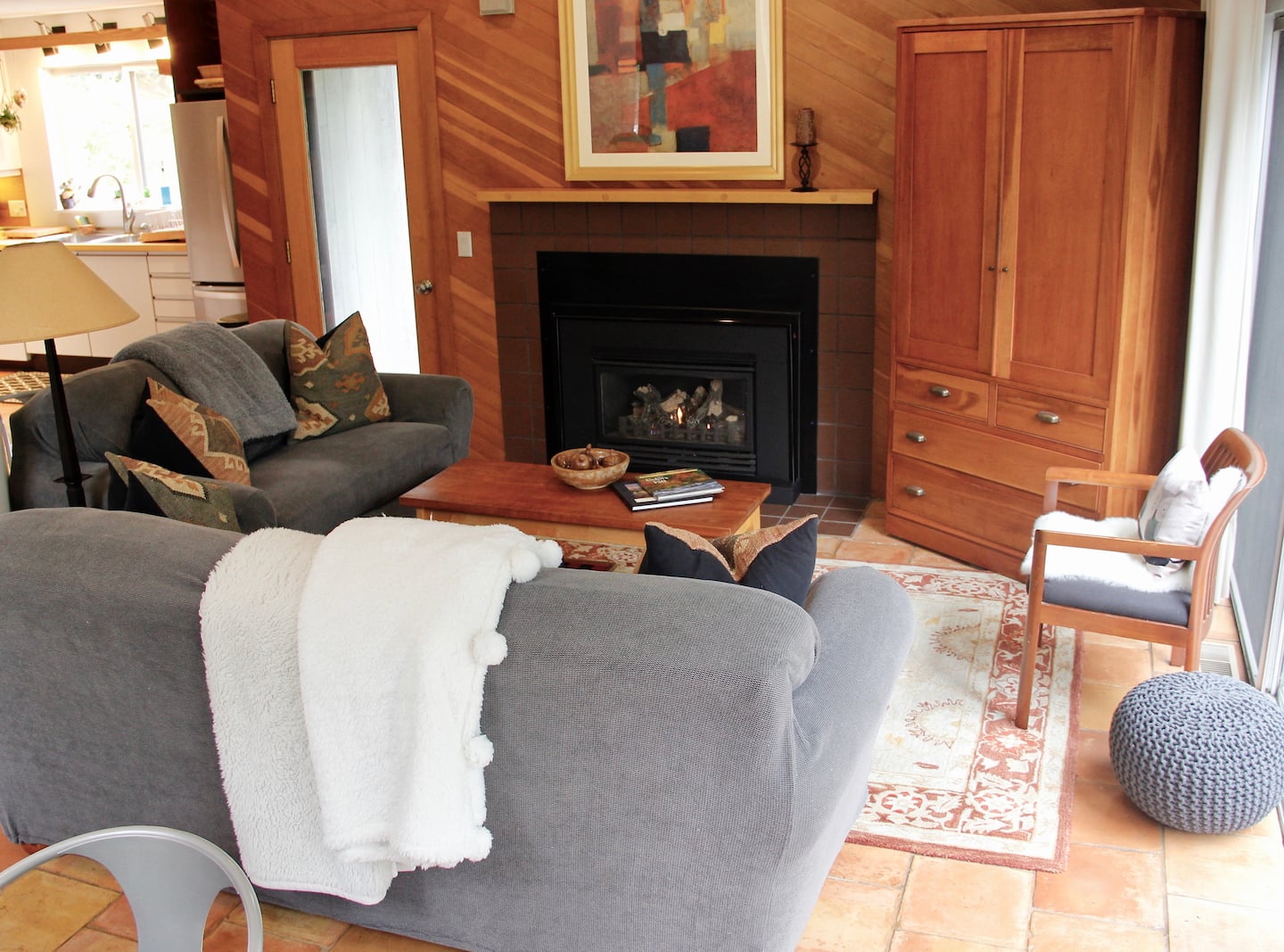 Falcon House living room with fireplace